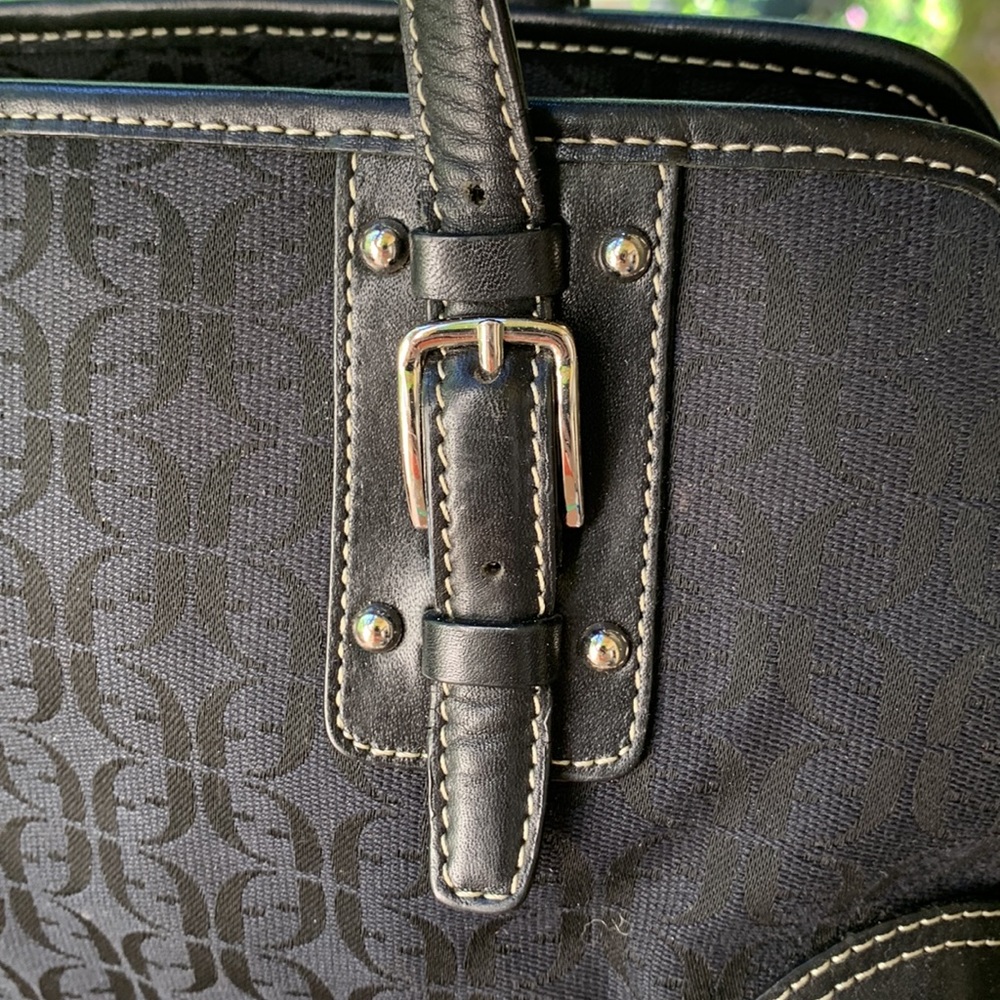 Vintage Fossil Shoulder bag large black leather canvas silver hardware Y2K - Picture 4 of 15